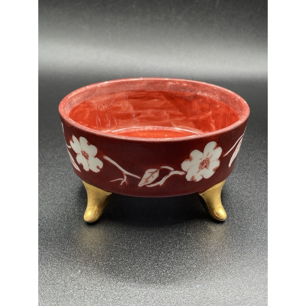 Vintage Hand Painted Pottery Trinket Dish Footed Floral Signed Iva Vinson 1983
